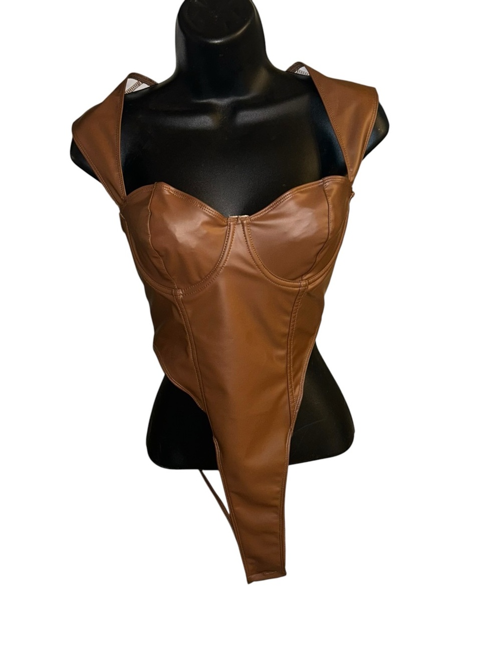 SHEIN Brown Faux Leather Bustier Bodysuit
